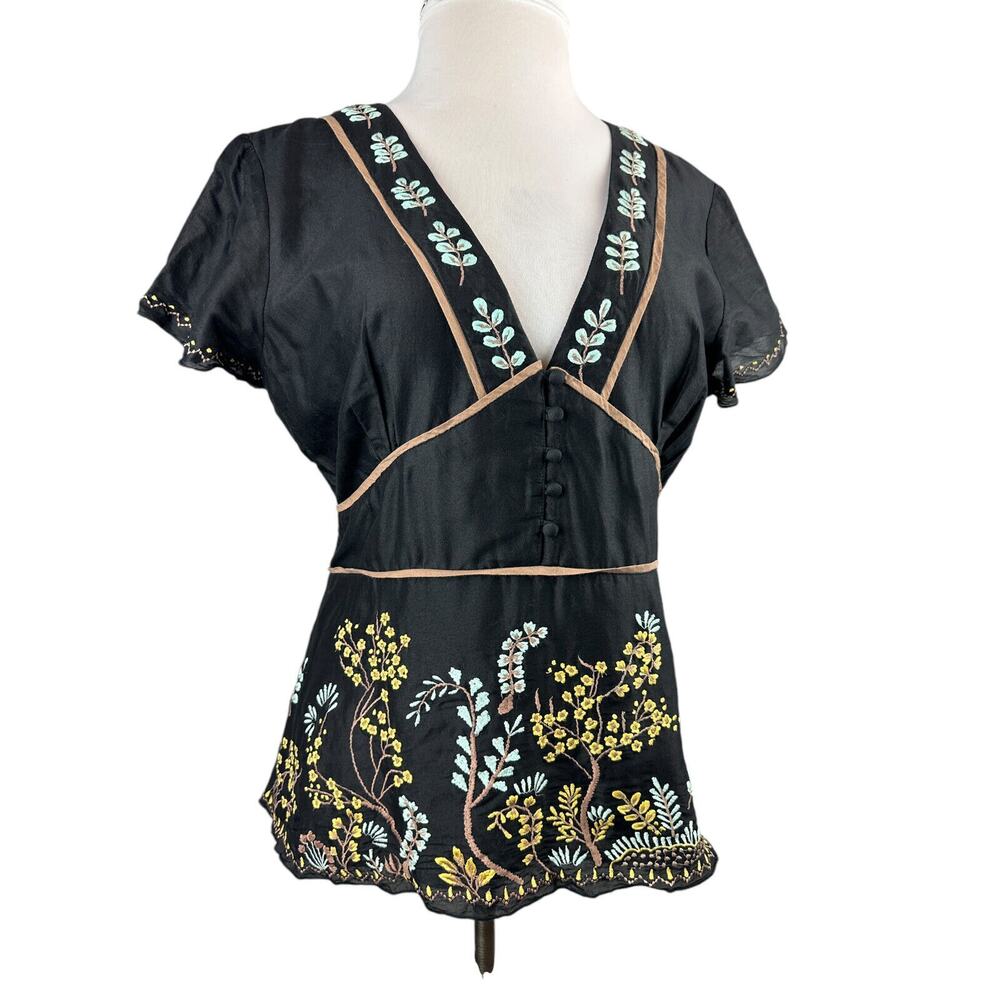 Sundance Embroidered Blouse Floral Deep V-Neck Button Peasant Top Black Size 16 - Picture 10 of 10